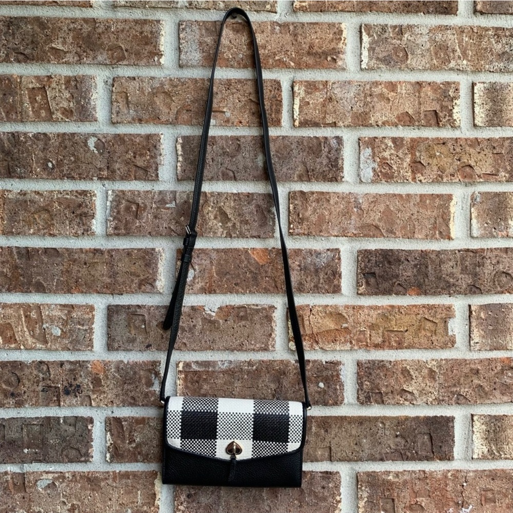 kate spade Black and White Check Flap Crossbody Wallet